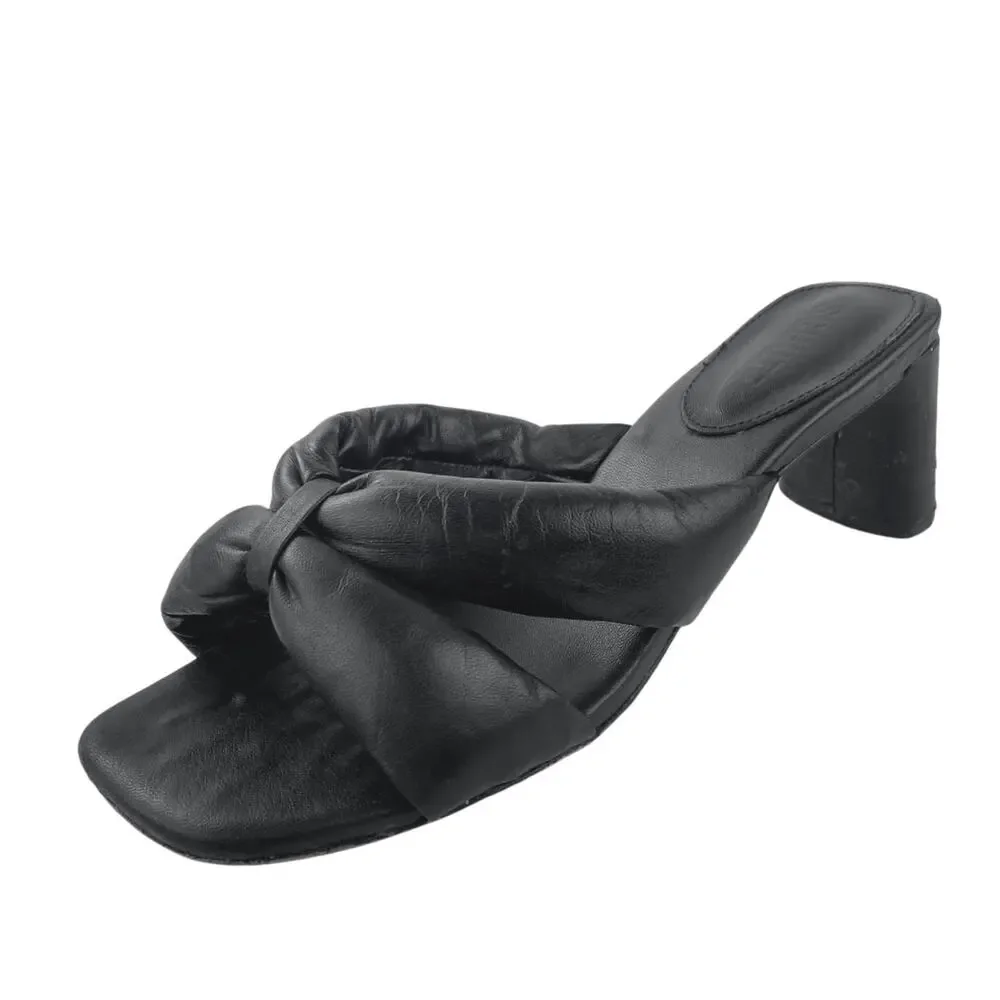 Schutz Fairy Mid Black Leather Square Toe Block Heels Slip On Sandals Size 7.5B